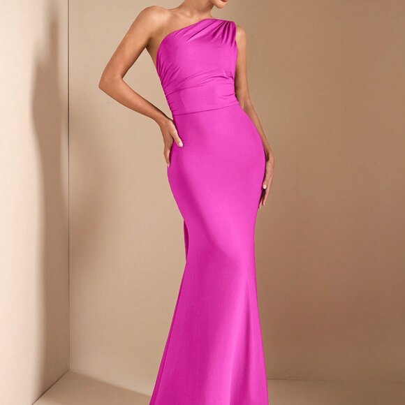 Hot Pink Elegant Women's Asymmetric Long Dress